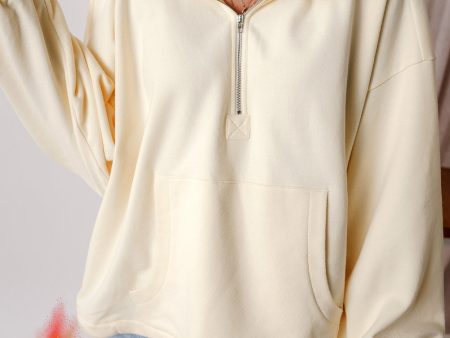 Beige Fleece Lined Half Zipper Kangaroo Pockets Loose Hoodie Online now