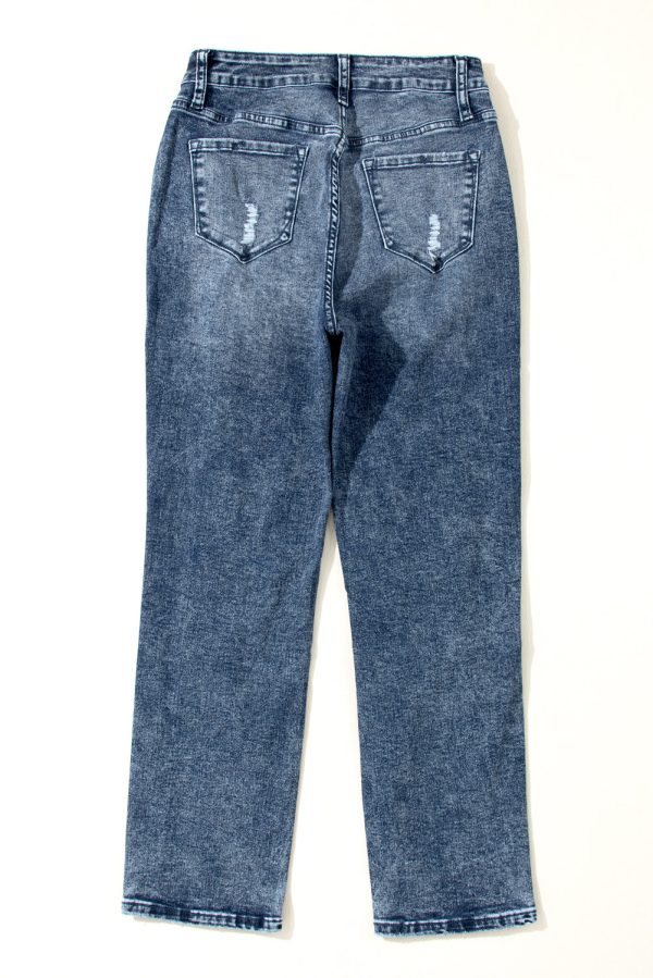 Navy Blue Light Wash Frayed Slim Fit High Waist Jeans Online now