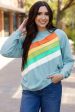 Beau Blue Rainbow Colorblock Striped Pullover Sweatshirt Discount