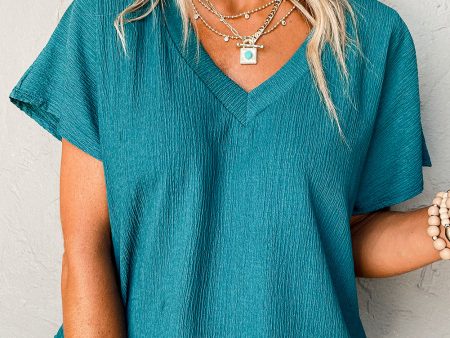 Blue Sapphire Crinkled V Neck Wide Sleeve T-shirt Supply