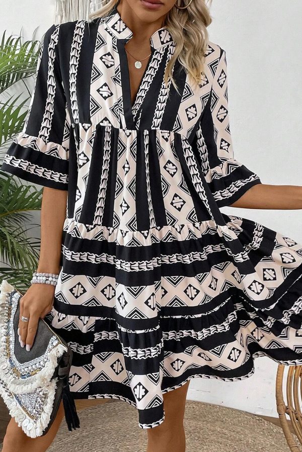 Black Geometric Print V Neck Ruffled Dress Sale