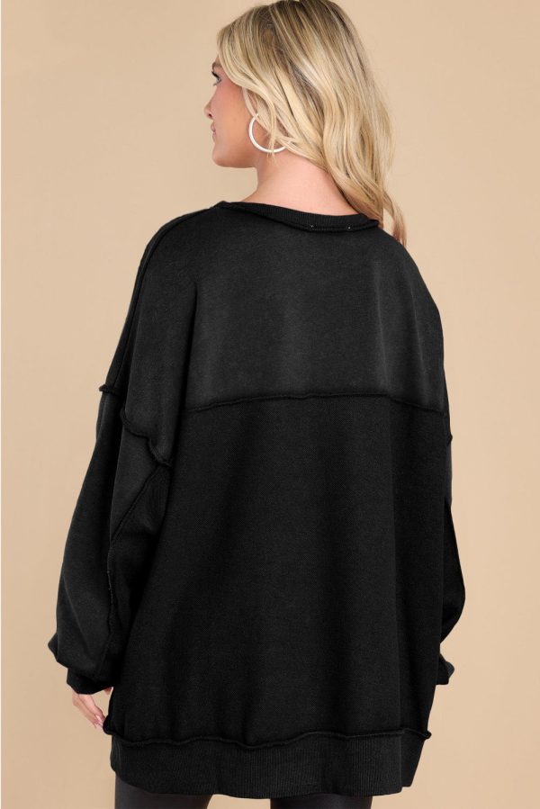 Black Oversized Exposed Seam Henley Sweatshirt Online Hot Sale