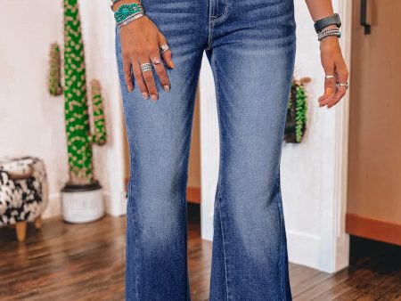 Sail Blue High Rise Dual Button Distressed Raw Hem Flared Jeans Cheap