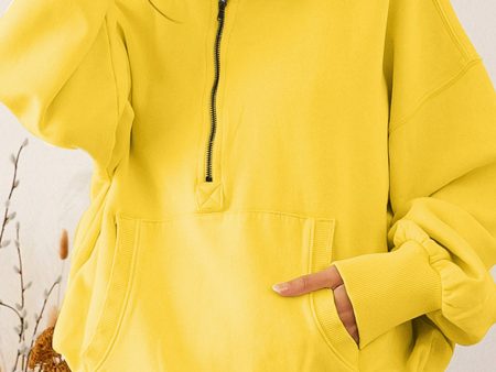 Yellow Ribbed Trim Kangaroo Pocket Zipped Hoodie on Sale