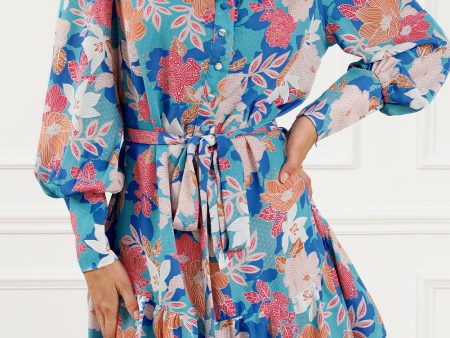 Blue Floral Print Lantern Sleeve Belted Shirt Dress Online