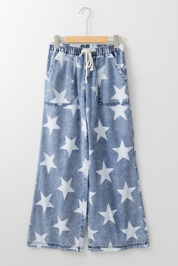 Light Blue Star Print Light Wash Drawstring High Waist Wide Leg Jeans Hot on Sale