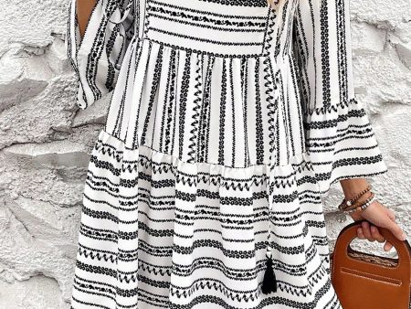 Black Stripe V Neck Bell Sleeve High Waist Mini Dress Hot on Sale