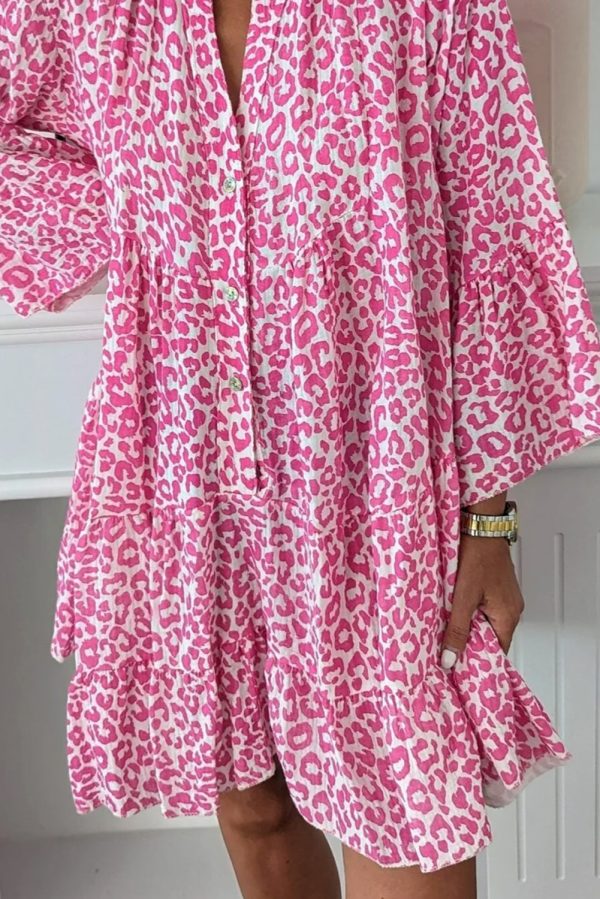 Bright Pink Leopard Printed Long Sleeve Buttoned Front Mini Dress For Sale