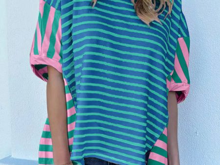 Blue Stripe Colorblock Patchwork Baggy T Shirt Supply