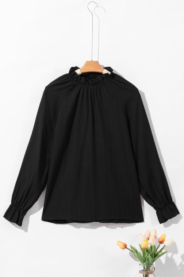 Black Frilled Mock Neck Ripple Bubble Sleeve Blouse Discount