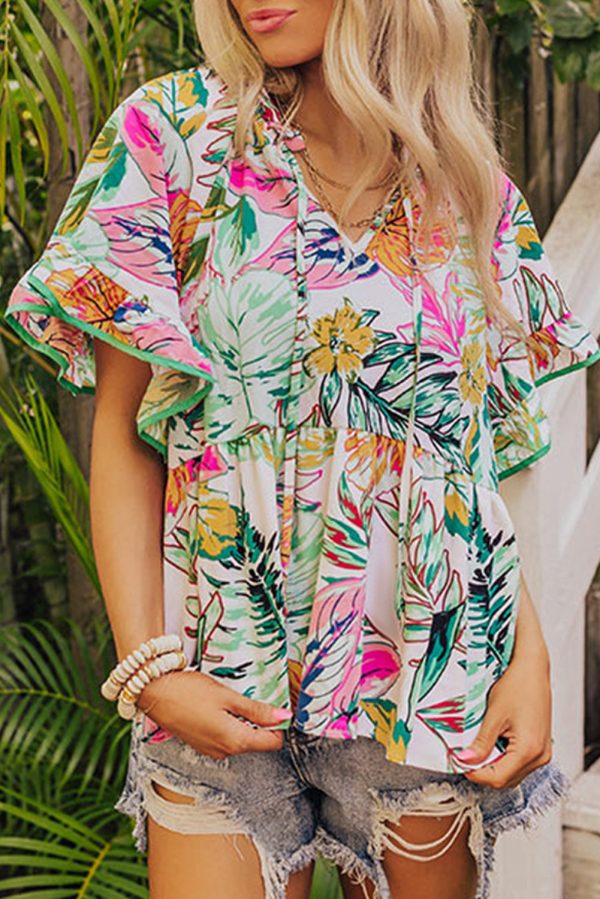 White Tropical Floral Print Ruffled Short Sleeve Blouse Hot on Sale