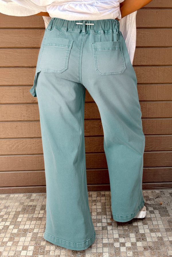 Smoke Green Mineral Wash Drawstring High Waist Wide Leg Jeans Cheap