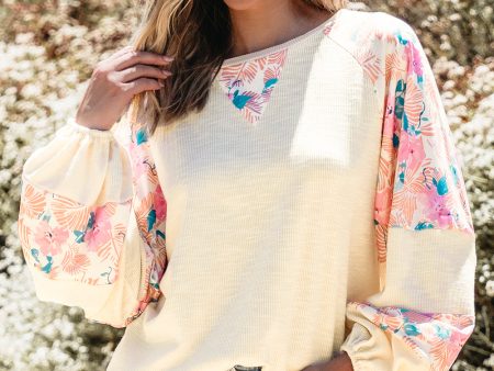 Apricot Textured Floral Patchwork Balloon Sleeve Blouse Fashion