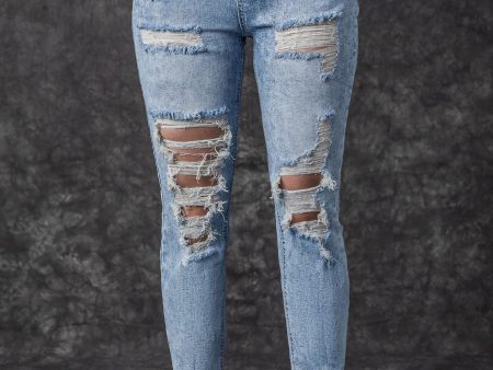 Sky Blue Acid Wash Distressed Slim Fit Jeans Supply