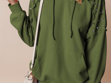 Vineyard Green Solid Color Rivet Stud Raglan Sleeve Hoodie with Pocket Sale