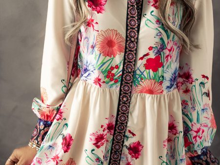 Apricot Floral Print Buttoned High Waist Shirt Mini Dress on Sale