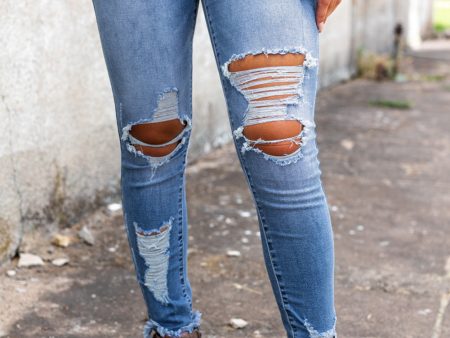 Sky Blue High Waist Distressed Skinny Jeans Hot on Sale