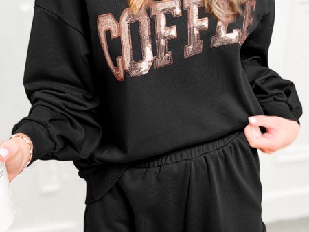 Black Sequined COFFEE Loose Fit Sweatshirt and Shorts Set Discount