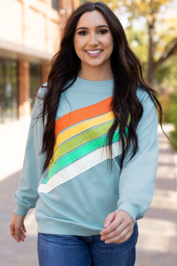 Beau Blue Rainbow Colorblock Striped Pullover Sweatshirt Discount