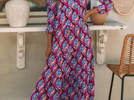 Abstract Geometric Print Long Sleeve High Waist Dress Cheap