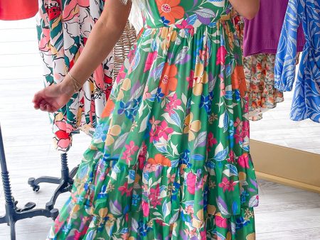 Green Floral Print Sleeveless Ruffle Tiered Maxi Dress For Discount