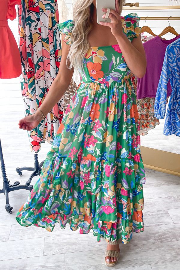 Green Floral Print Sleeveless Ruffle Tiered Maxi Dress For Discount