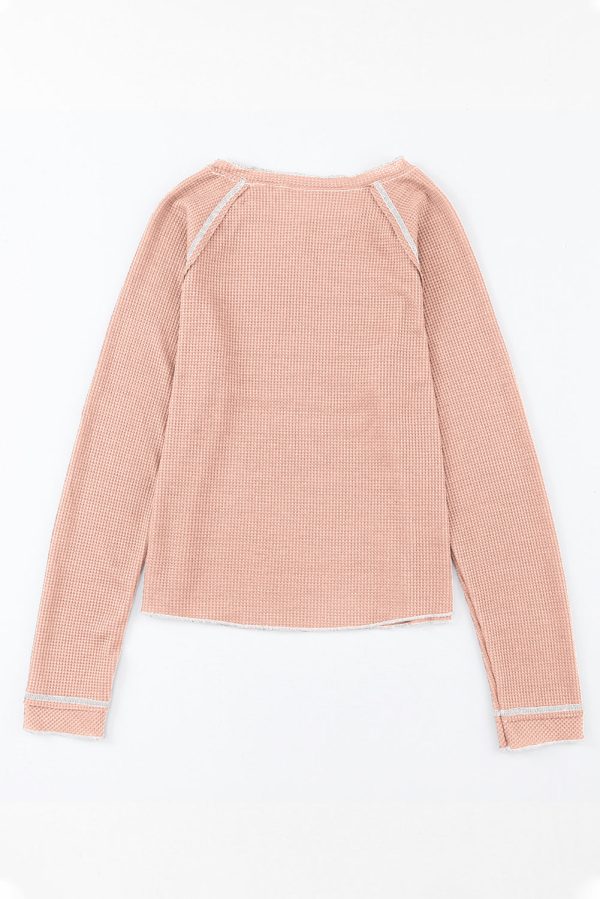 Apricot Pink Textured Round Neck Long Sleeve Top Online now