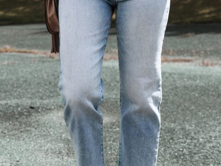 Light Blue Acid Wash Raw Edge Straight Jeans Online Sale