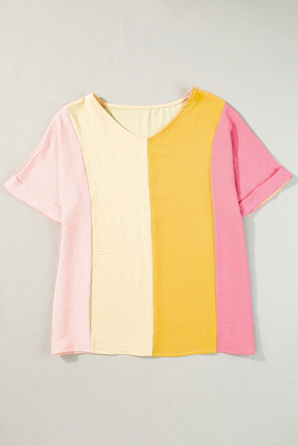 Apricot Crinkled Colorblock Patchwork V Neck T Shirt Online Hot Sale