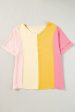 Apricot Crinkled Colorblock Patchwork V Neck T Shirt Online Hot Sale