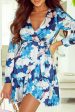 Blue Abstract Floral Long Sleeve Tied Ruffle Dress Sale