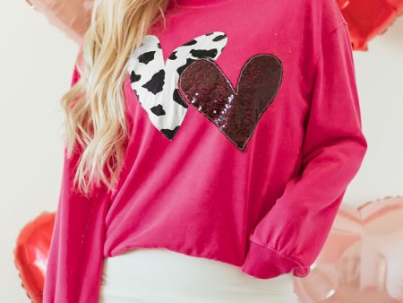 Strawberry Pink Cow & Sequin Double Heart Patch Graphic Sweatshirt Online Sale