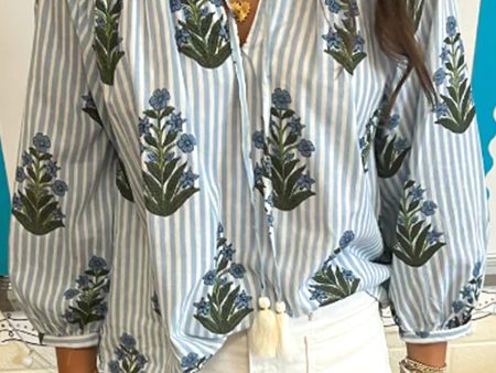 Beau Blue Striped Floral Printed Long Sleeve Tied V Neck Blouse Online now