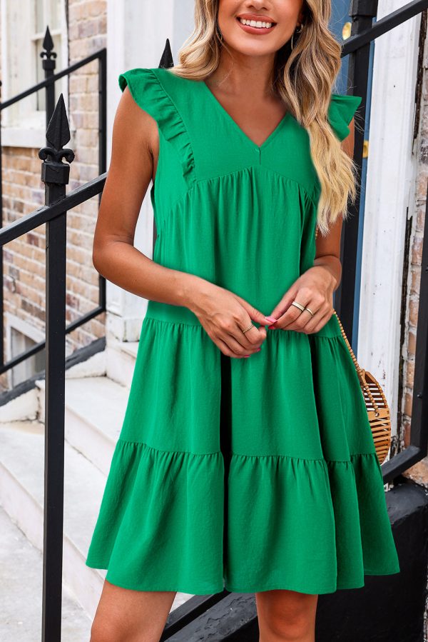 Bright Green Solid Color V Neck Ruffle Tiered Mini Dress Online Hot Sale