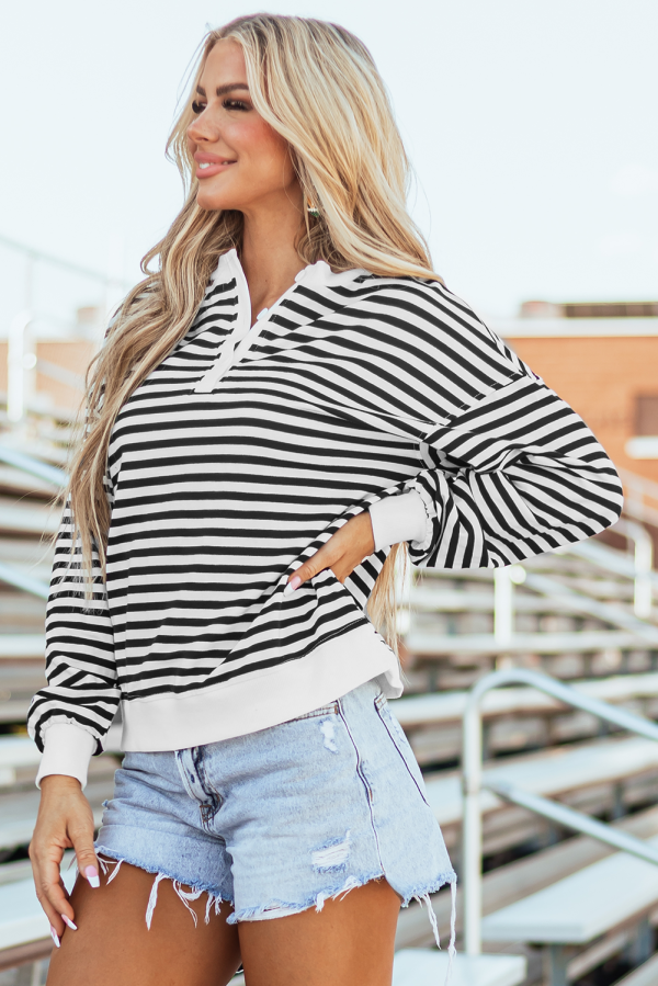 White Stripe Color Block Buttoned Crew Neck Oversized Sweatshirt Cheap