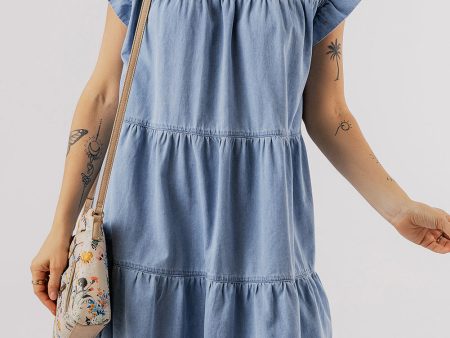 Beau Blue Ruffle Short Sleeve Tiered A-line Denim Dress Discount