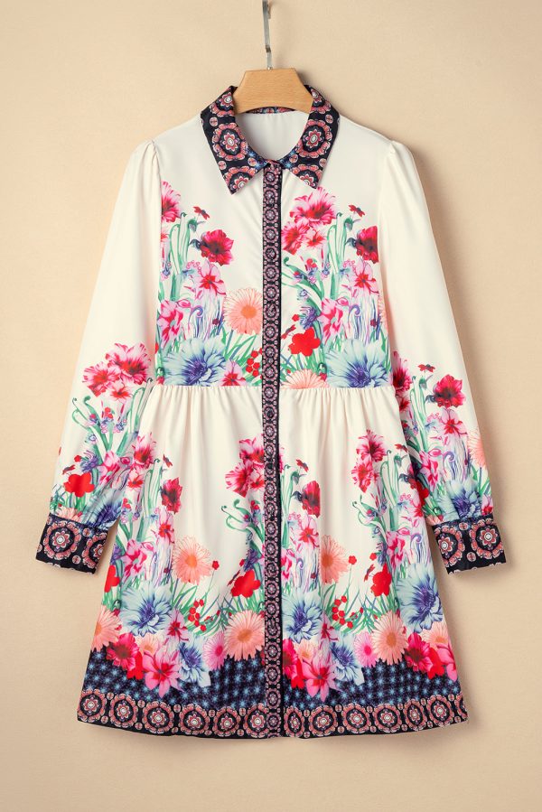 Apricot Floral Print Buttoned High Waist Shirt Mini Dress on Sale