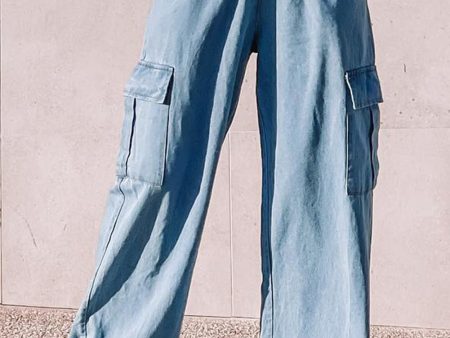 Sky Blue Drawstring High Waist Cargo Pocket Wide Leg Jeans For Discount