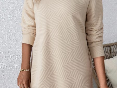 Apricot Solid Color Textured Long Sleeve Shift Dress Online Hot Sale