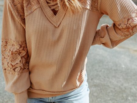 Apricot Lace Waffle Patchwork Strappy V Neck Long Sleeve Top Online