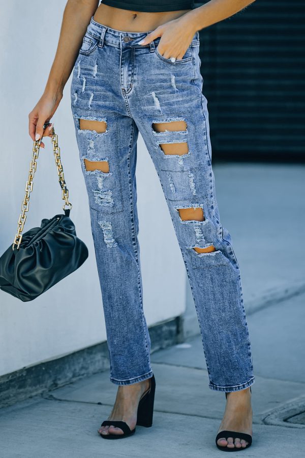 Sky Blue Buttoned Pockets Distressed Jeans Fashion