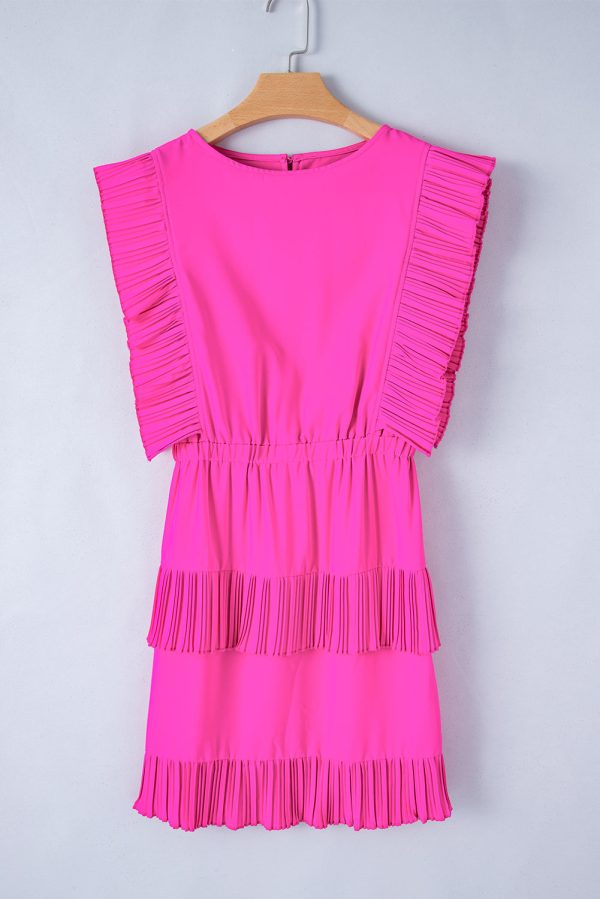 Bright Pink Solid Color Pleated Layered Flutter Mini Dress Cheap