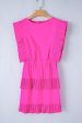 Bright Pink Solid Color Pleated Layered Flutter Mini Dress Cheap