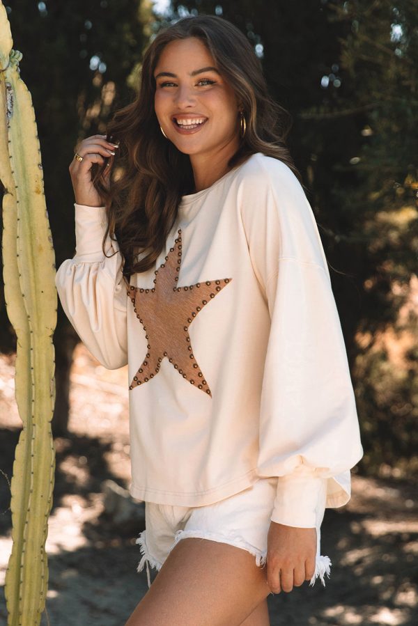 Apricot Studded Star Graphic Oversized Long Sleeve Top Hot on Sale