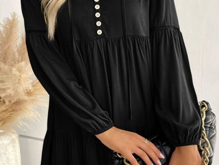 Black Lace Puff Sleeve Buttoned Tiered Ruffled Mini Dress For Cheap