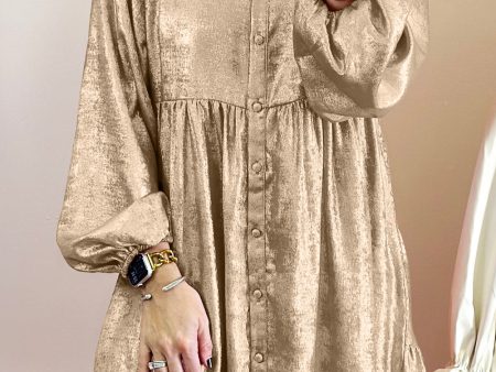 Apricot Metallic Sheen Puff Sleeve Button Up Mini Shirt Dress on Sale