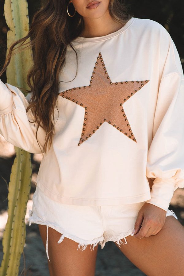 Apricot Studded Star Graphic Oversized Long Sleeve Top Hot on Sale