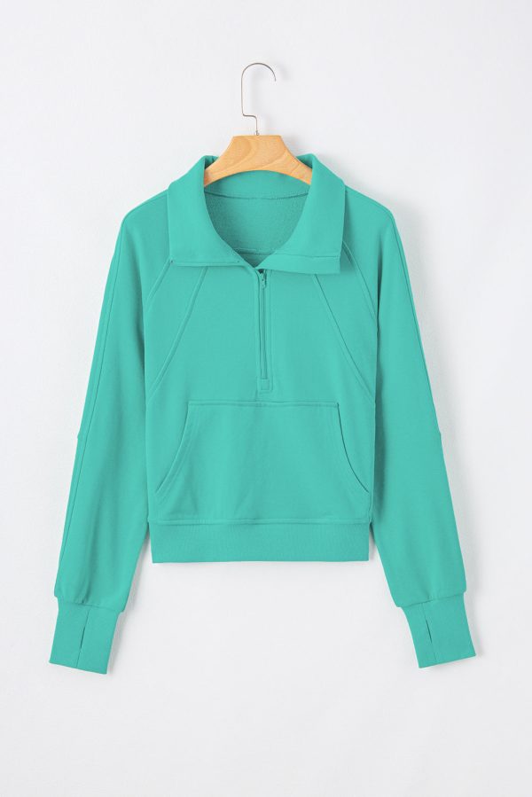 Aruba Blue Quarter Zip Stand Neck Kangaroo Pocket Sweatshirt Online now