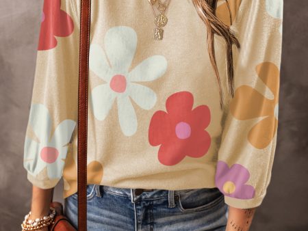 Apricot Cute Flower Print Bracelet Sleeve Top Online