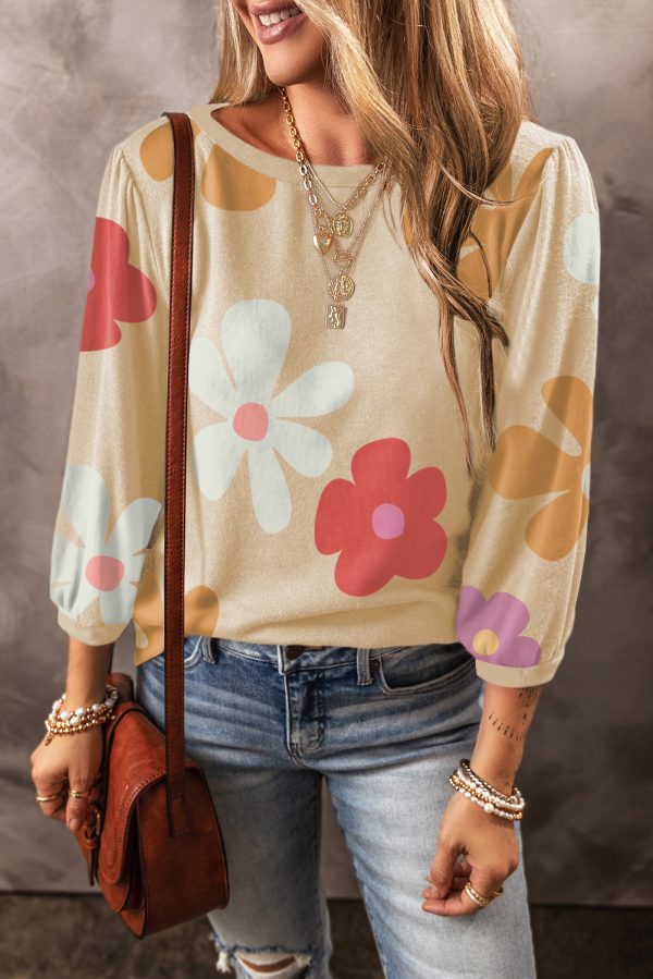 Apricot Cute Flower Print Bracelet Sleeve Top Online